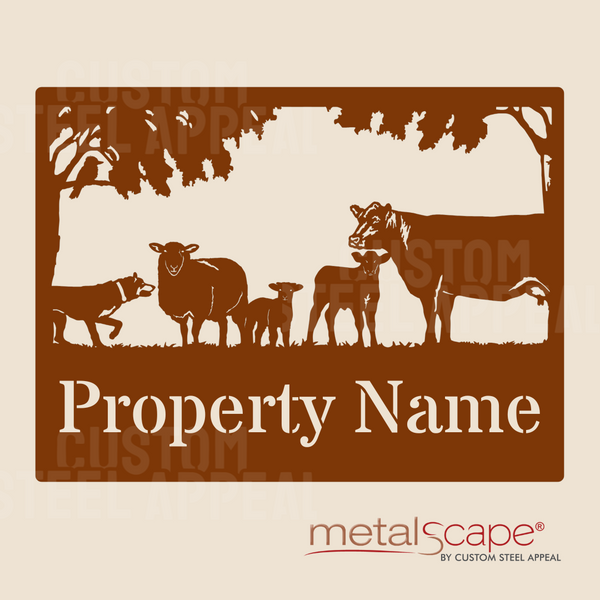 Angus Cow & Calf, Sheep & Stalking Kelpie - Farm Property Sign