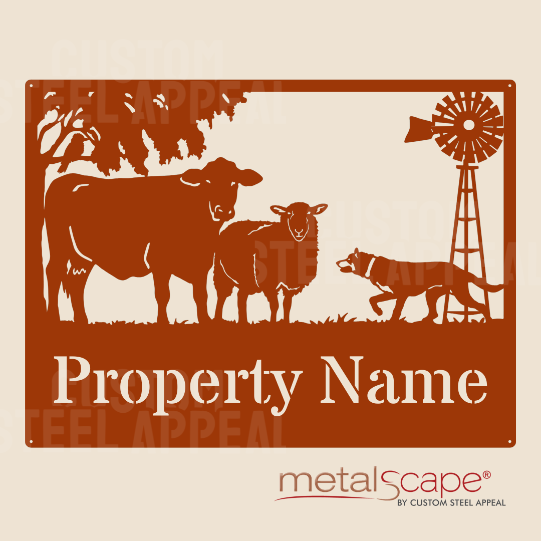 Angus Cow, Cross Breed Ewe, Kelpie and Windmill - Farm Property Sign ...