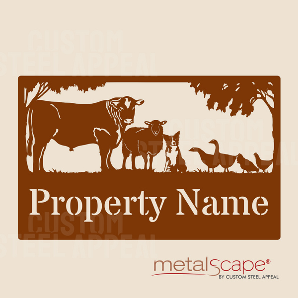 Angus Steer, Cross Breed Sheep, Collie Sitting Geese and Chickens - Farm Property Sign