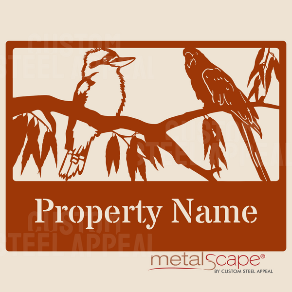 Kookaburra and Rosella on Branch - Farm Property Sign