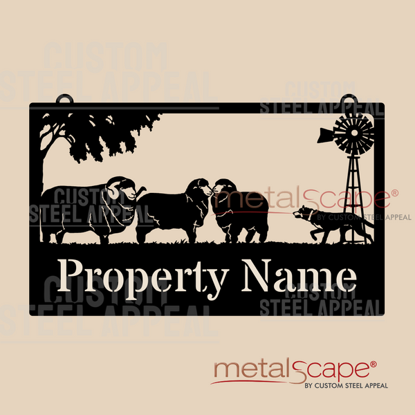 Merino Sheep, Stalking Kelpie Dog, Windmill - Farm Property Sign