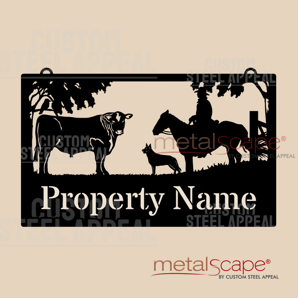 Angus Bull, Male Rider & Dog - Farm Property Sign