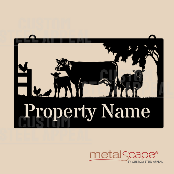Angus Cow & Calf, Sheep & Chickens - Farm Property Sign