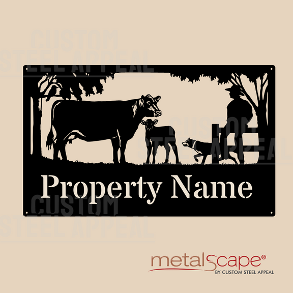 Angus Cow & Calf, Man & Kelpie - Farm Property Sign – Custom Steel Appeal