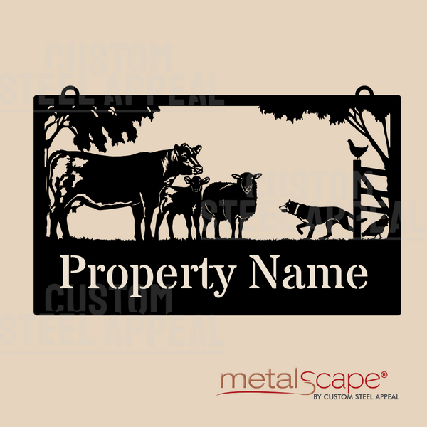 Angus Cow & Calf, Sheep & Kelpie - Farm Property Sign
