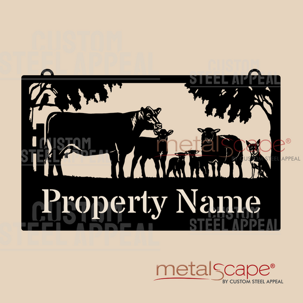 Angus Cow and Calf, Sheep with Two Lambs and Kelpie - Farm Property Sign