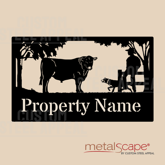 Angus Steer, Farmer & Kelpie - Farm Property Sign – Custom Steel Appeal