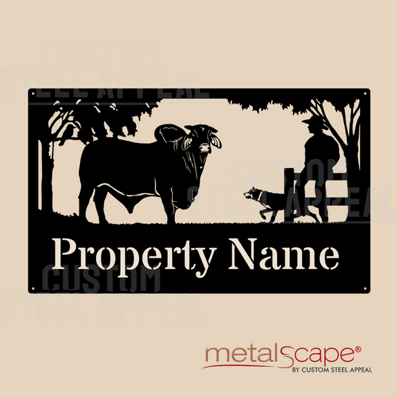 Brahman Bull, Man & Dog - Farm Property Sign – Custom Steel Appeal