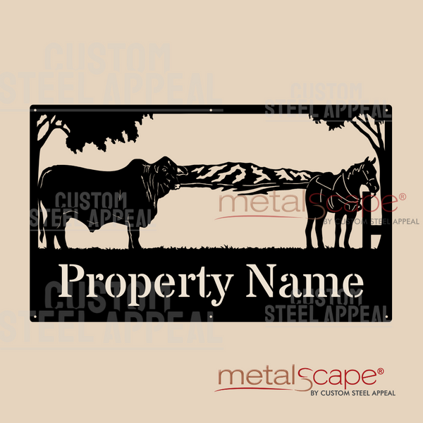 Brangus Bull, Mountain Range and Horse - Farm Property Sign