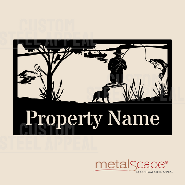 Fisherman in Pond Scene - Farm Property Sign