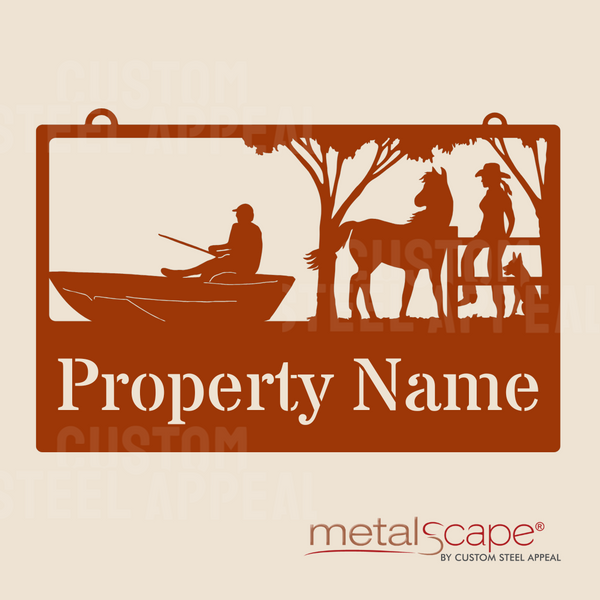 Fisherman, Horse, Woman on Fence - Farm Property Sign