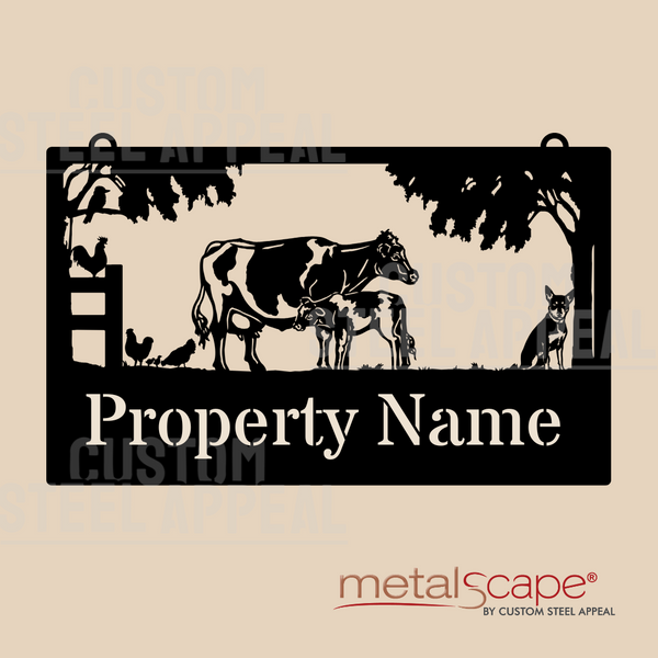 Friesian Cow & Calf, Kelpie & Chickens - Farm Property Sign