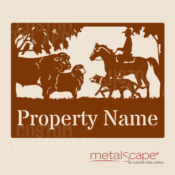 Hereford Cow, Merino Sheep, Rider & Kelpie - Farm Property Sign