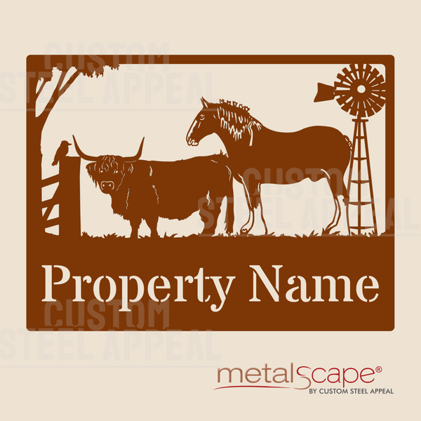 Highland Cow, Clydesdale Horse & Windmill - Farm Property Sign