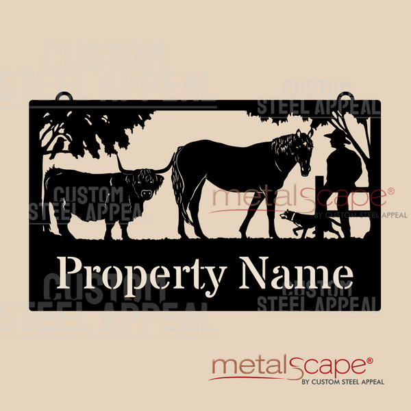 Highland Cow, Horse, Man and Kelpie - Farm Property Sign