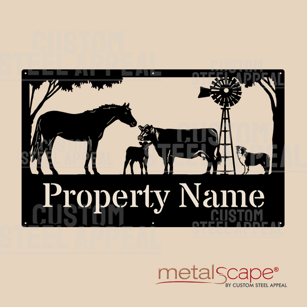 Horse, Cow & Calf, Windmill & Collie Dog - Farm Property Sign