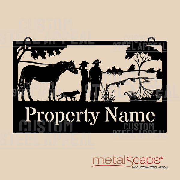 Horse, Man & Woman, Dog & Pond - Farm Property Sign