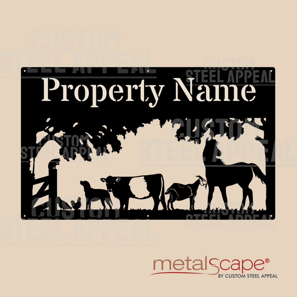 Horse, Goat, Belted Galloway, Dog & Chickens - Farm Property Sign