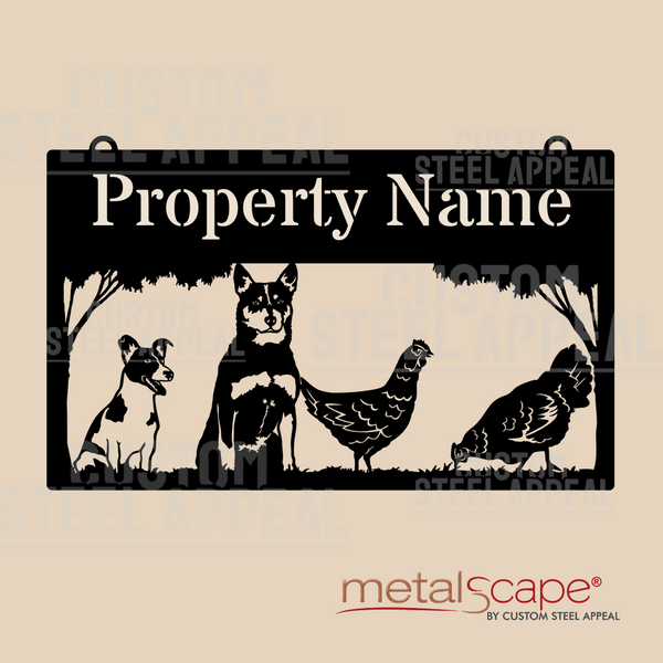 Jack Russell, Blue Heeler & Chickens - Farm Property Sign