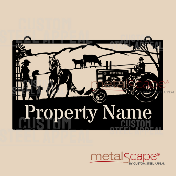 John Deere Model A Tractor, Horse, Cattle, Woman, Windmill - Farm Property Sign