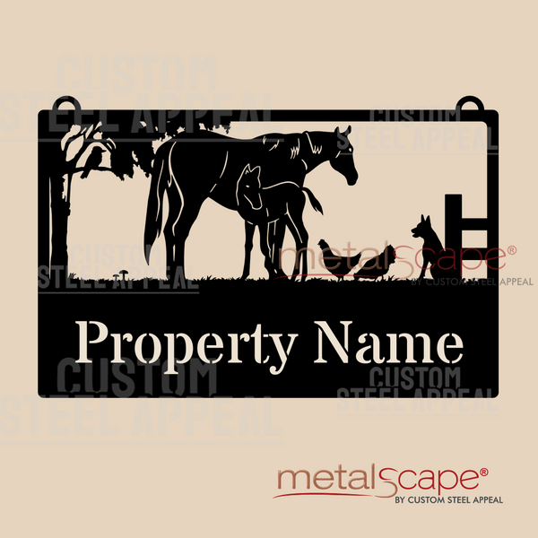 Mare & Foal, Dog & Chickens - Farm Property Sign
