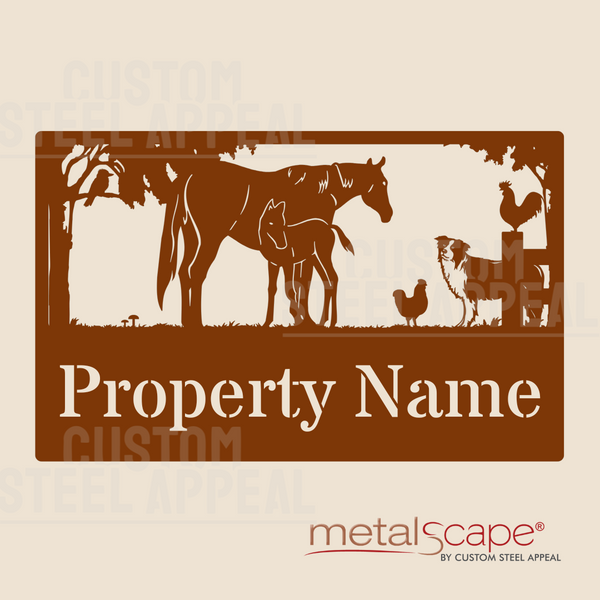 Mare & Foal, Collie Dog, Chickens - Farm Property Sign