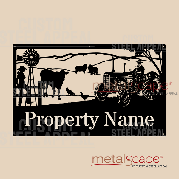 Massey Ferguson Tractor, Merino sheep, Cattle, Woman & Windmill - Farm Property Sign