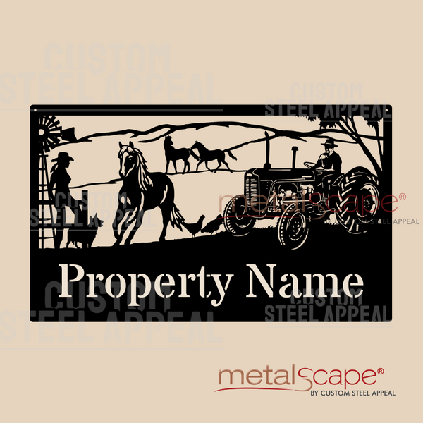 Massey Ferguson Tractor, Horses, Woman & Dog, Windmill - Farm Property Sign