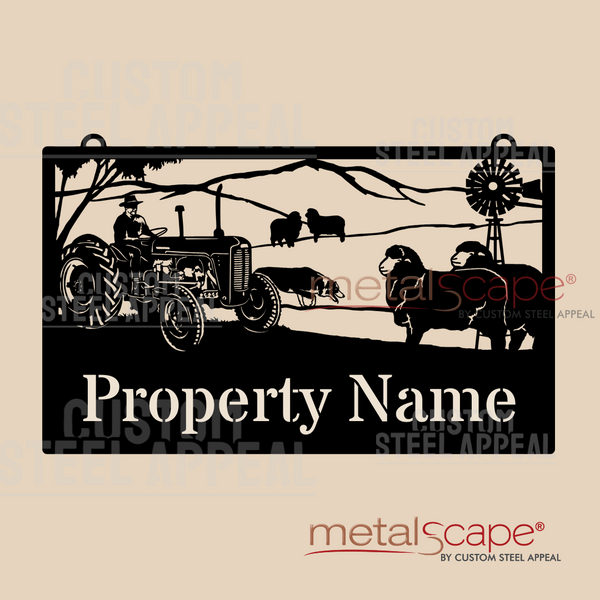 Massey Ferguson Tractor, Merino Ewes & Border Collie - Farm Property Sign
