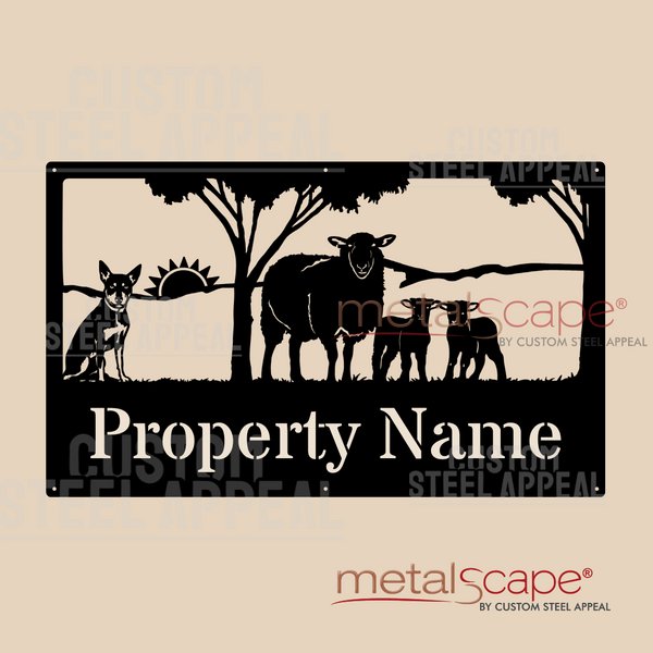 Merino Ewe & Lambs, Kelpie & Sunset - Farm Property Sign