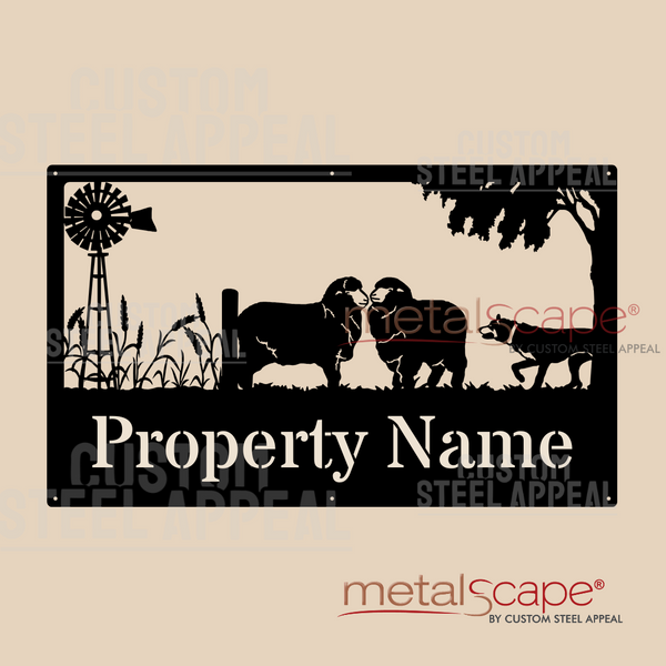 Two Merino Ewes, Kelpie, Wheat & Windmill - Farm Property Sign