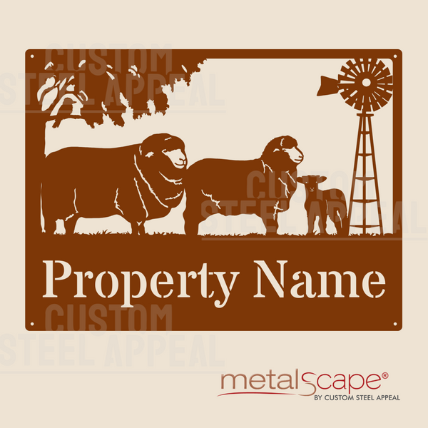 Merino Ram, Ewe, Lamb & Windmill - Farm Property Sign