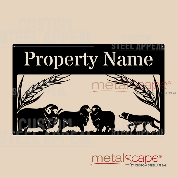 Merino Ram, Two Ewes, Kelpie & Wheat Heads - Farm Property Sign