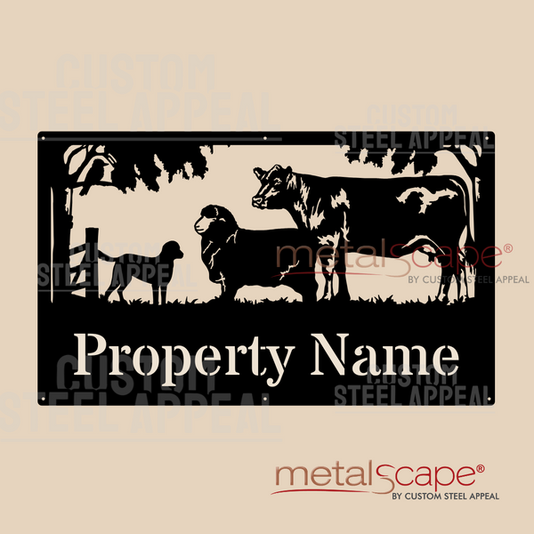 Merino Sheep, Angus Cow, Dog - Farm Property Sign