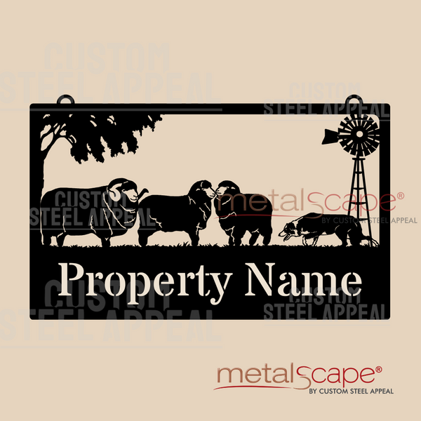 Merino Sheep, Stalking Collie Dog, Windmill - Farm Property Sign