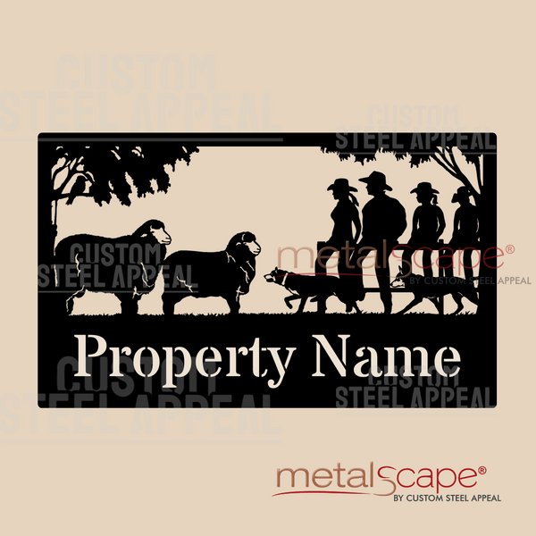 Merino Poll Ram, Ewe, Family & Two Kelpies - Farm Property Sign
