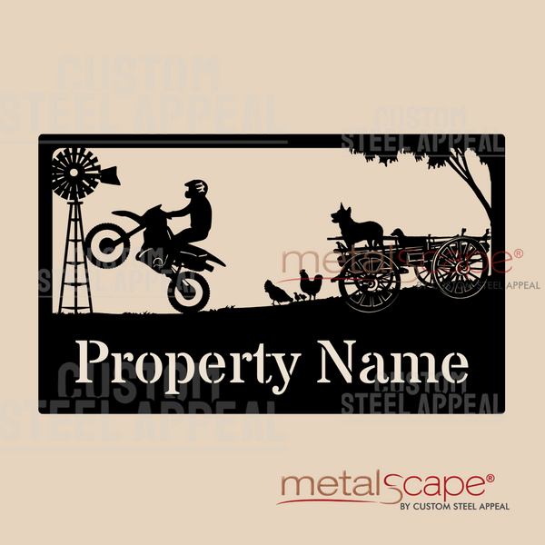 Motorbike Wheelie, Wagon & Windmill - Farm Property Sign
