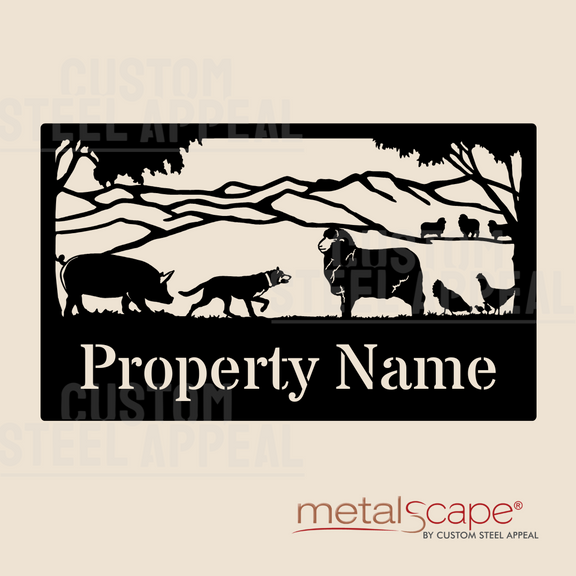 Hills Scene with Pigs, Sheep, Kelpie & Chickens - Farm Property Sign ...