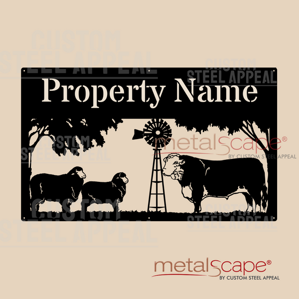 Poll Merino Ram and Ewe, Windmill and Hereford Bull - Farm Property Sign