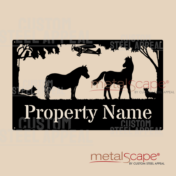 Pony, Horse, Corgi Dogs & Plane - Farm Property Sign