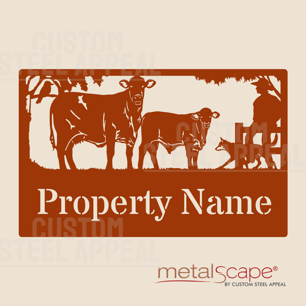 Santa Gertrudis Cattle, Man & Dog - Farm Property Sign