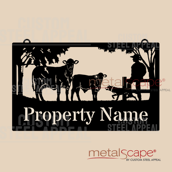Santa Gertrudis Cow & Calf, Man & Dog - Farm Property Sign