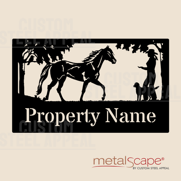 Trotting Horse with Woman & Dog - Farm Property Sign