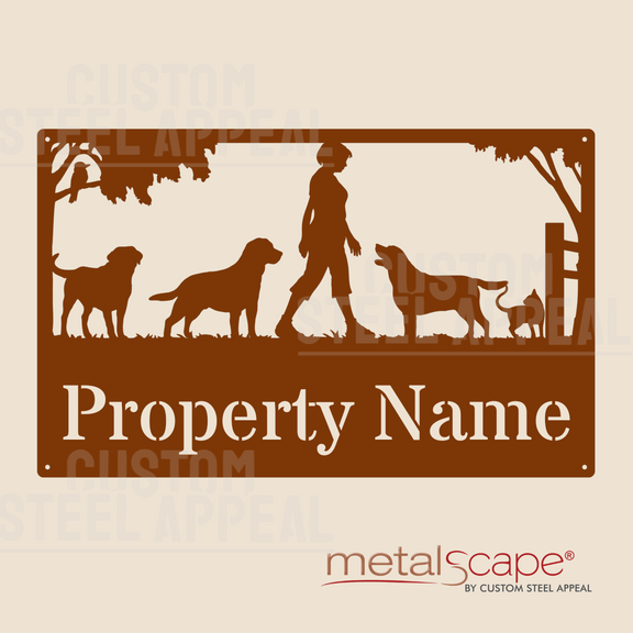 Woman with Three Dogs - Farm Property Sign – Custom Steel Appeal