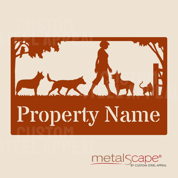 Woman and Three Kelpie Dogs - Farm Property Sign