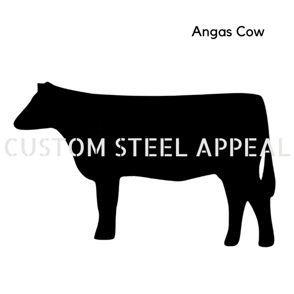 Black silhouette of an angas cow on a white background