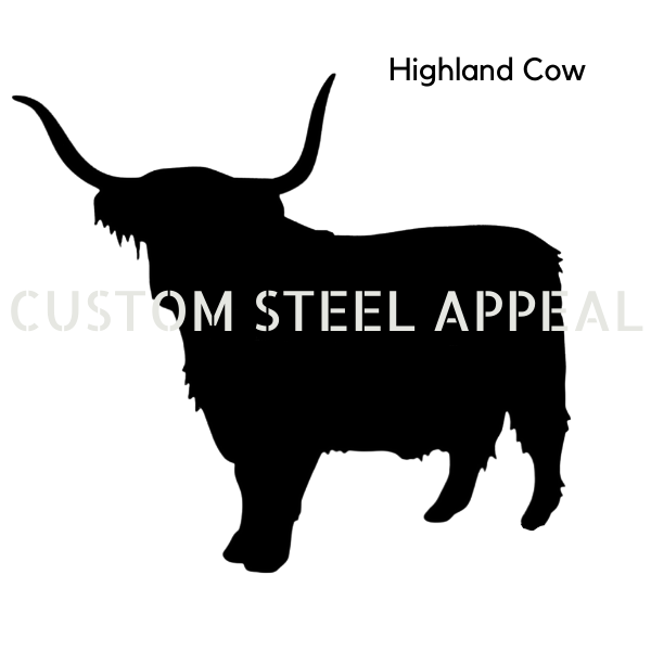 Black silhouette of a highland cow on a white background